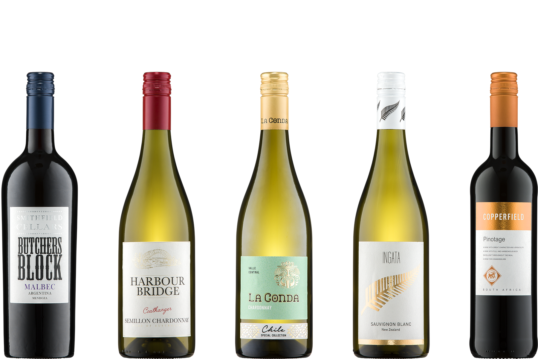 five bottles of wine: Butchers Block Malbec, Harbour Bridge Chardonnay, La Gonda Chardonnay, Ingata Sauvignon Blanc, Copperfield Pinotage