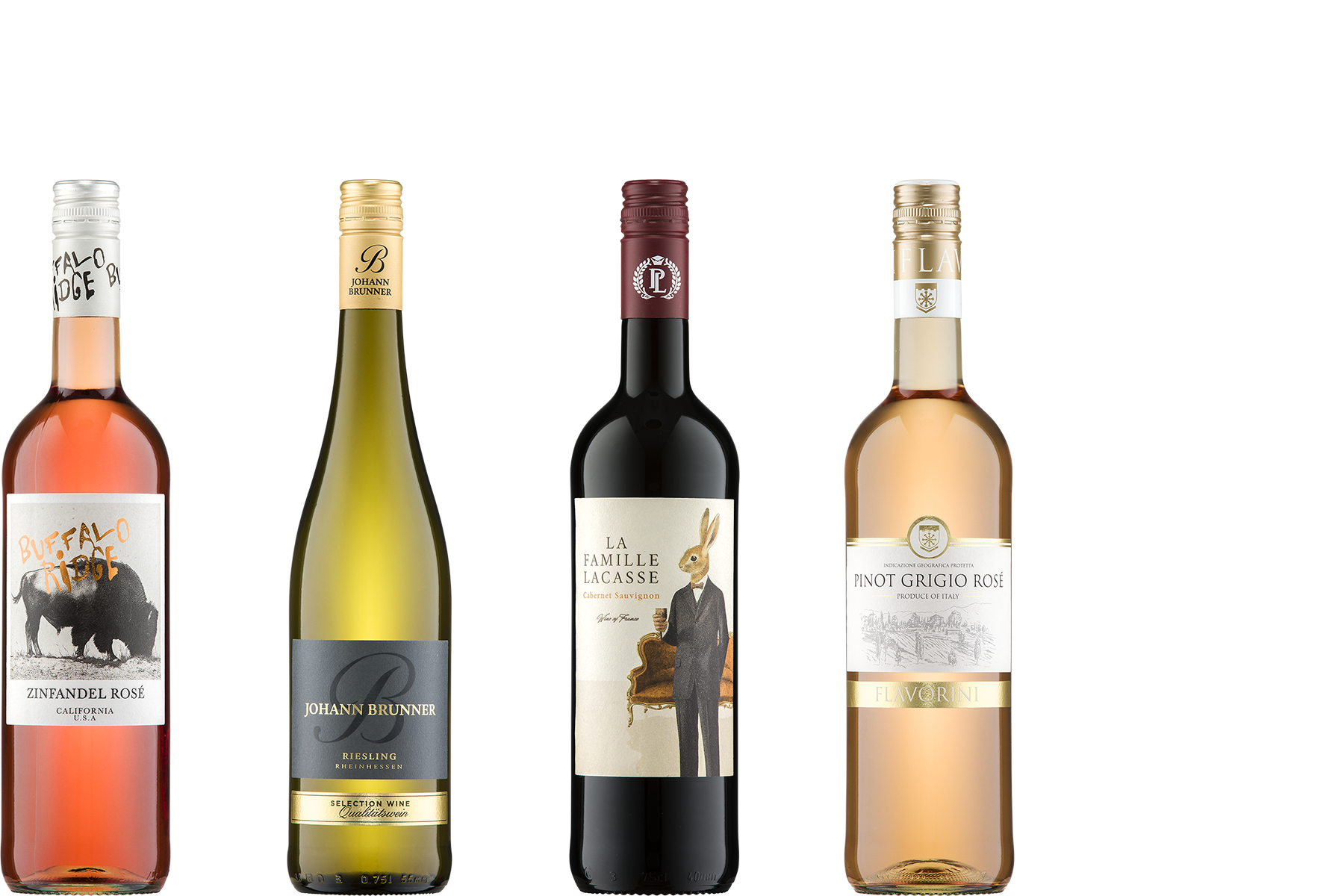 four bottles of wine: Buffalo Ridge Zinfandel Rosé, Johann Brunner Riesling, La Famille La Casse Cabernet Souvignon, Flavorini Pino Grigio Rosé